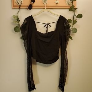 Free People | Black Top Square Neck Puff Lace Long Sleeves Size L